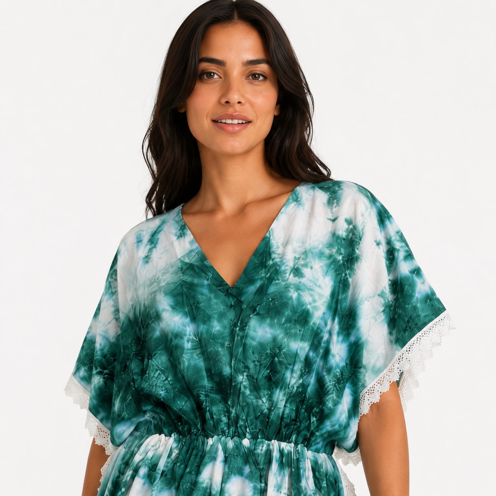 Women's Green Tie-Dye V-Neck Lace Trim Kaftan Dress | Breezy Resort Wear Cover-Up-3