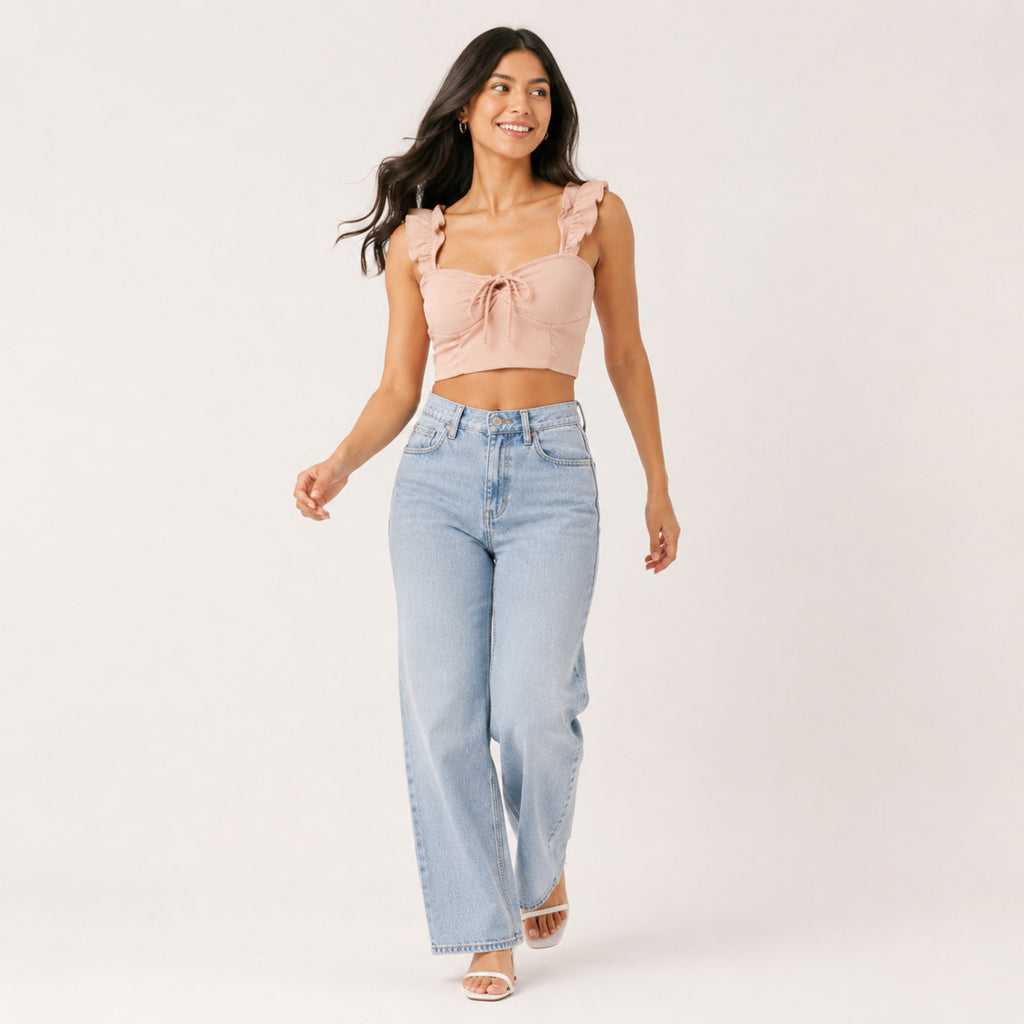 Women's Peach Ribbed Ruffle Strap Crop Top-3