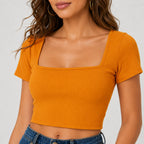 Women's Sunlit Ember Orange Ribbed Square Neck Crop Top-3