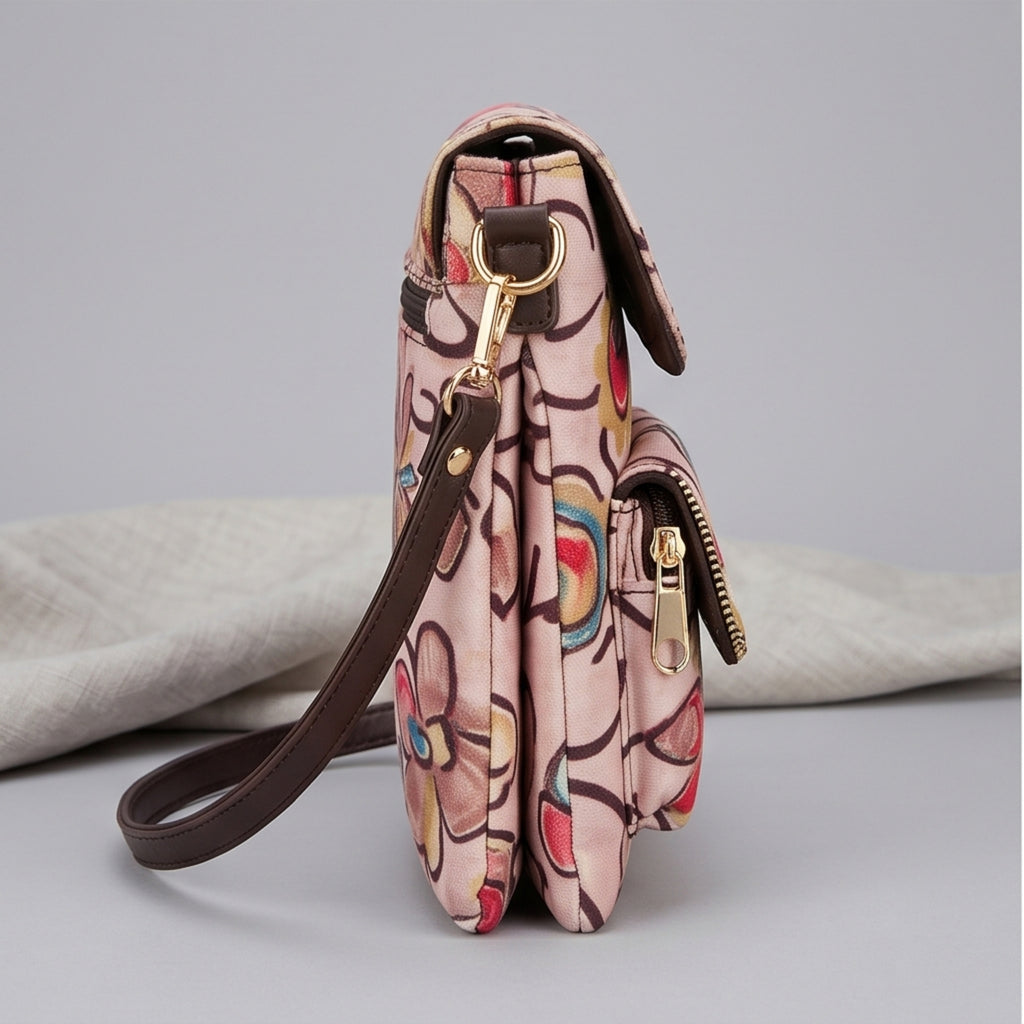 Women's Light Pink Floral Print Crossbody Sling Bag with Adjustable Strap-4