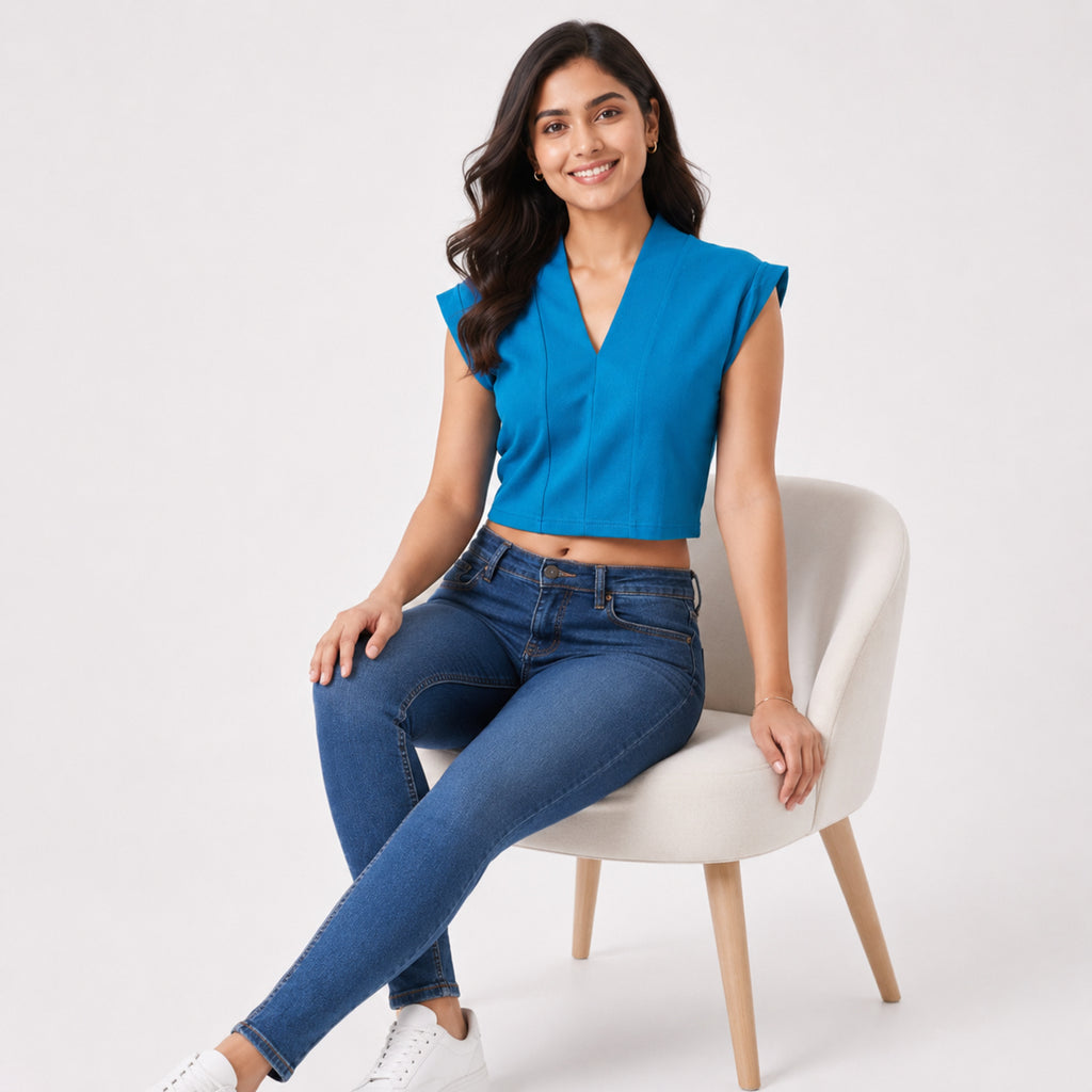 Women's Teal V-Neck Cap Sleeve Panelled Fitted Crop Top | Solid Modern Casual Blouse-3