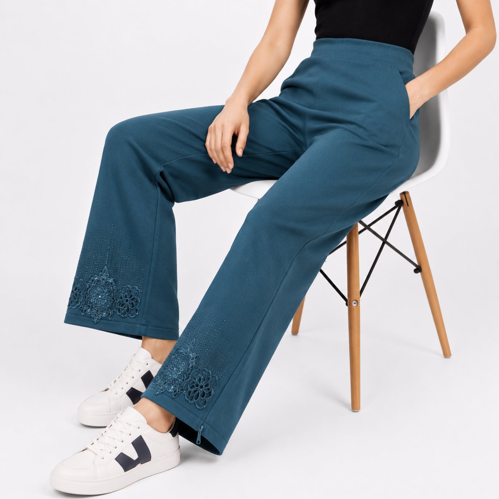 Women's Olive Green Embroidered Wide Leg Palazzo Pants-2
