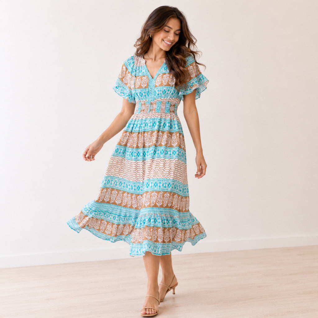 Women's Light Green Ethnic Printed Smocked Maxi Dress-3