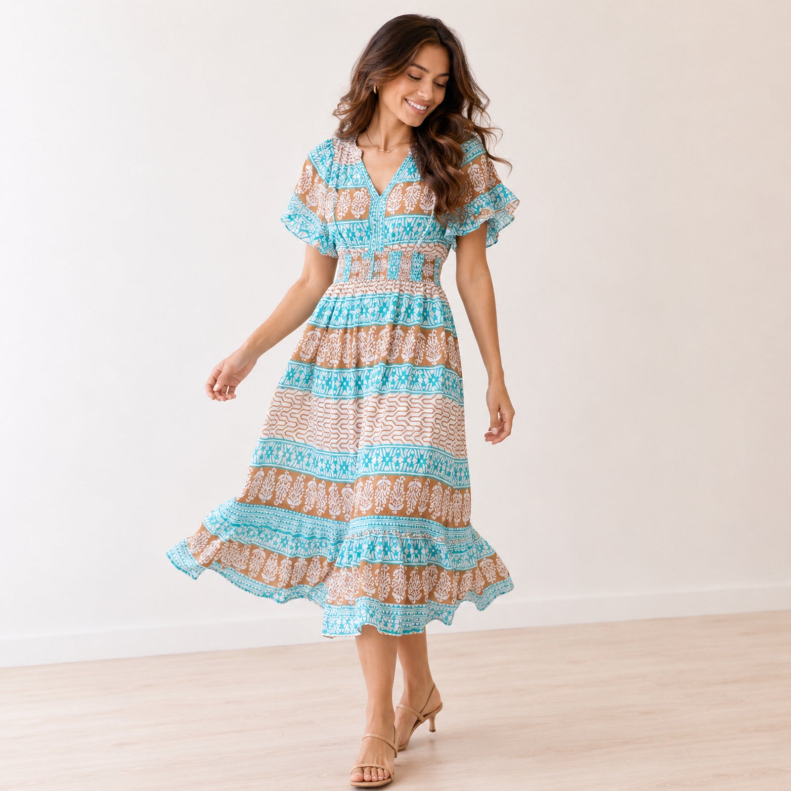 Women's Light Green Ethnic Printed Smocked Maxi Dress-3
