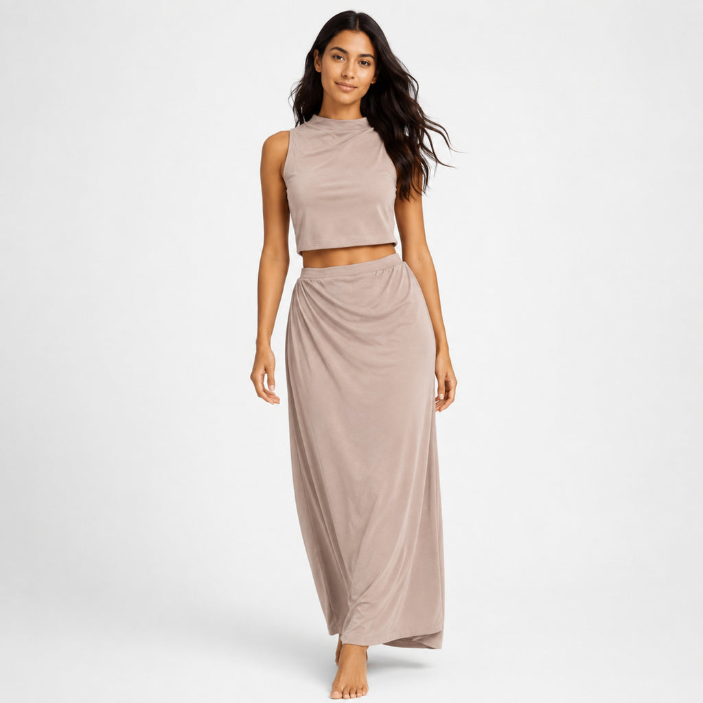 Women's Peach Sleeveless Mock Neck Crop Top & Maxi Skirt Co-Ord Set-1