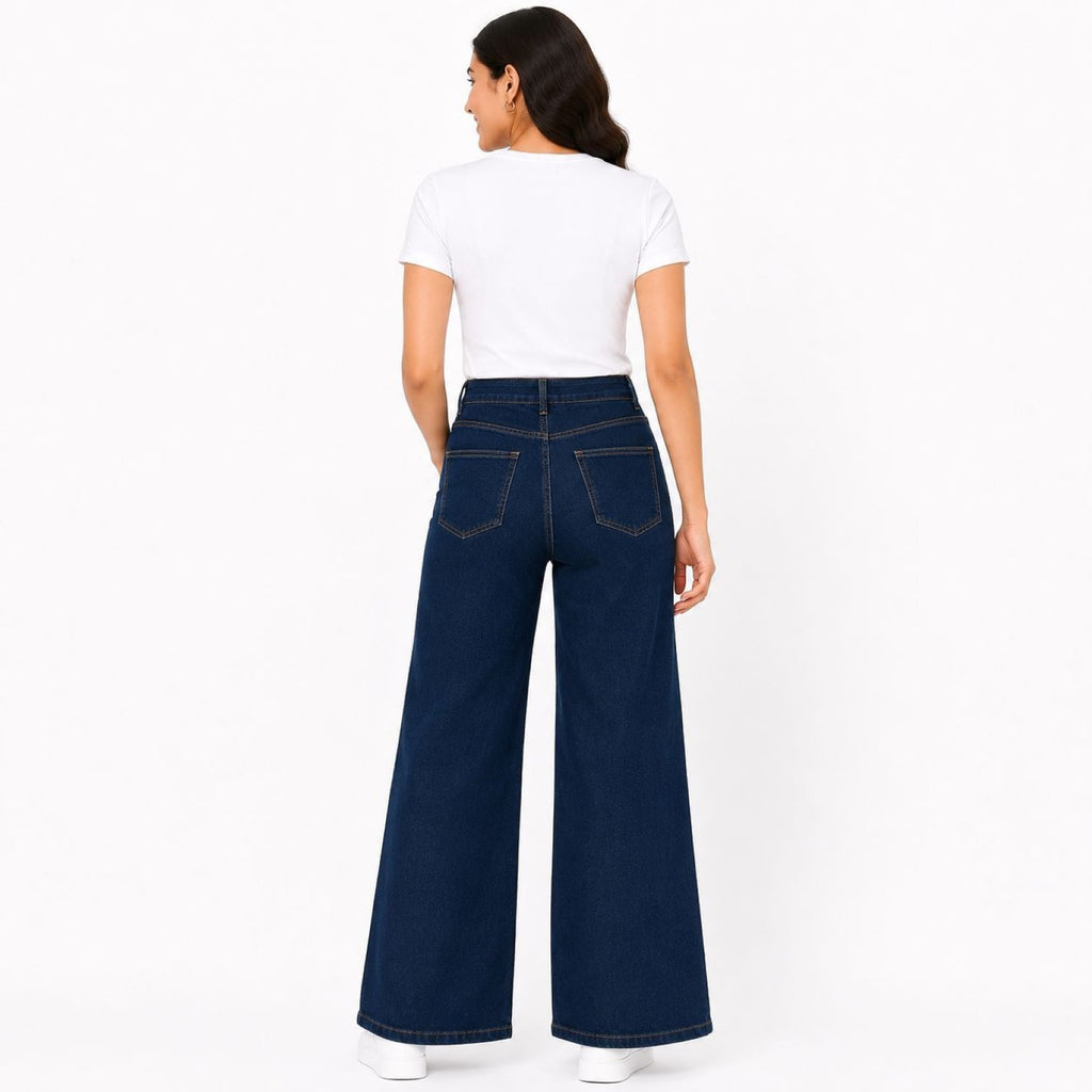Women's High-Rise Dark Blue Wide Leg Denim Jeans | Full Length Casual Stretch Jeans for Women-4
