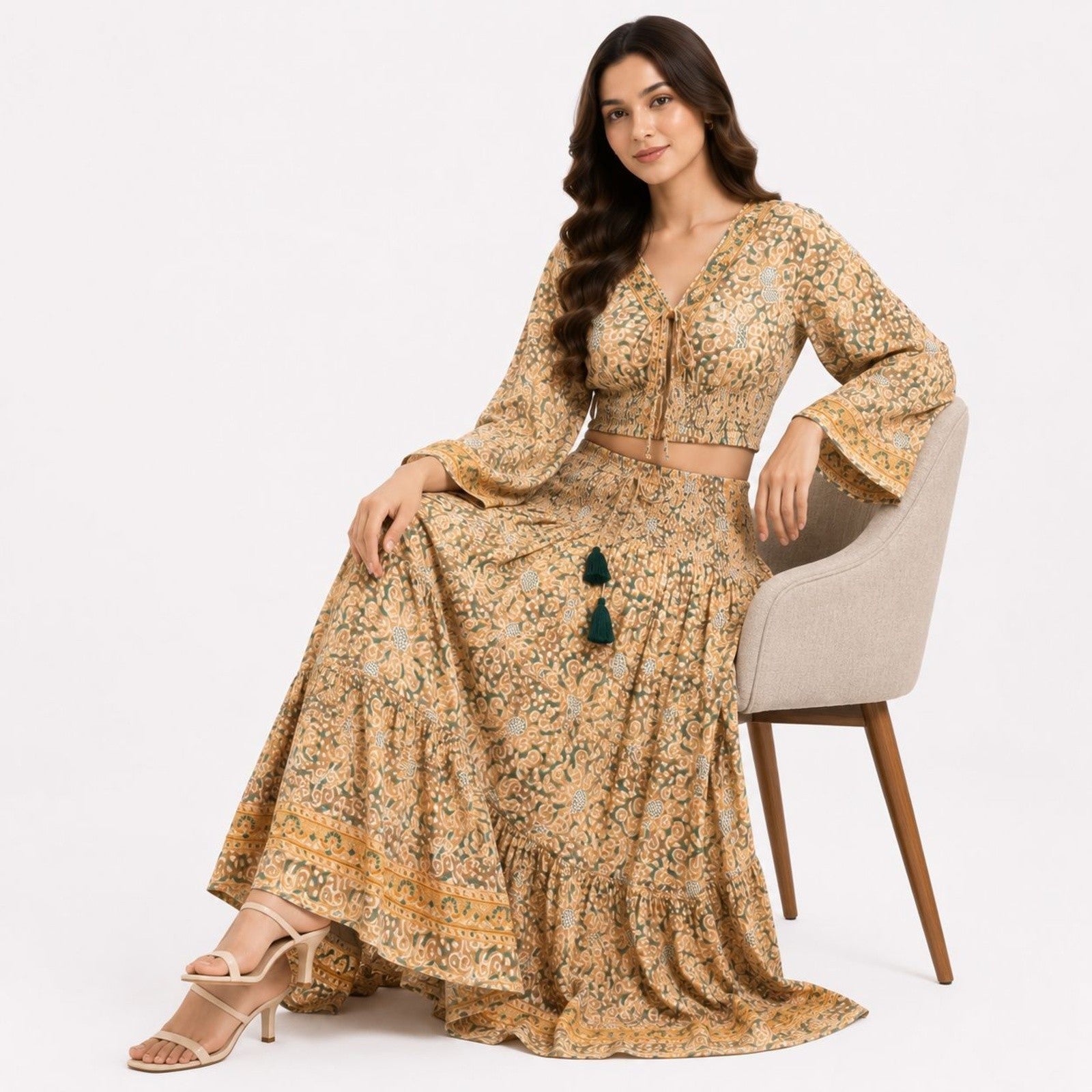 Women's Bohemian Chic Mustard Yellow Floral Flare-Sleeve Crop Top and Maxi Skirt Set-2