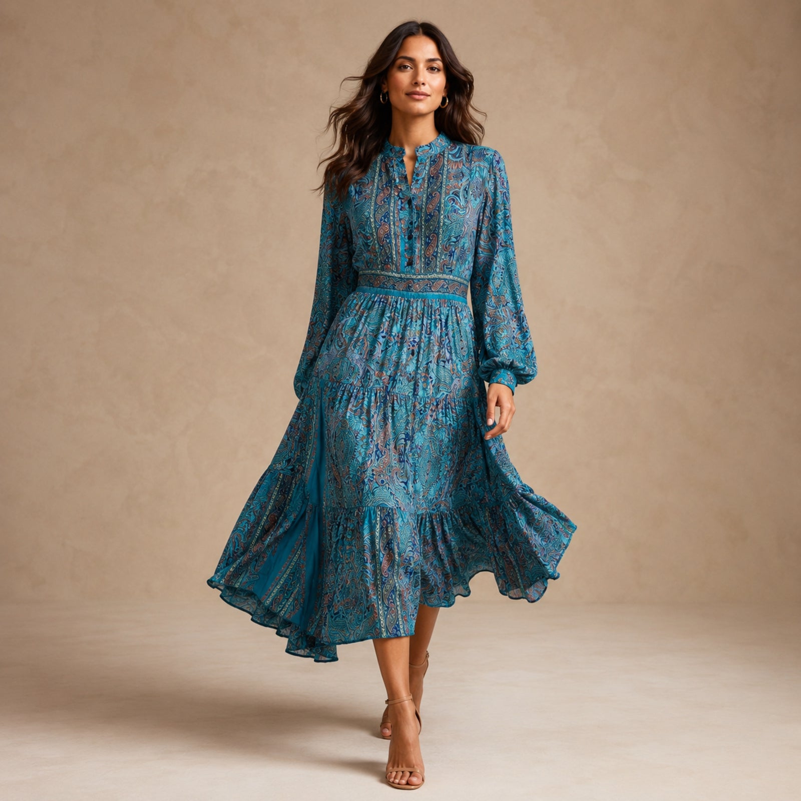 Women's Teal Blue Paisley Printed Tiered Maxi Dress-1
