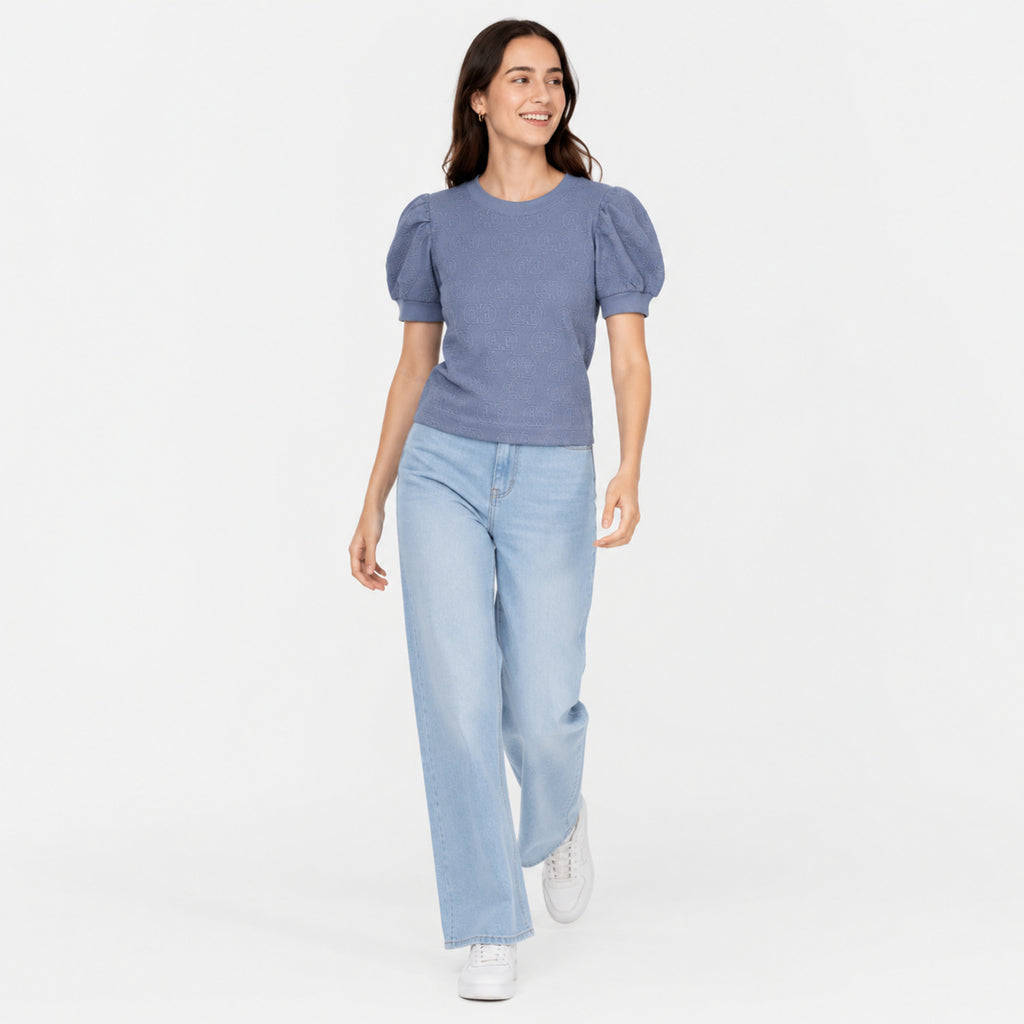 Women's Blue Textured Puff Sleeve Top | Elegant Casual Knit T-Shirt-1