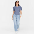 Women's Blue Textured Puff Sleeve Top | Elegant Casual Knit T-Shirt-1