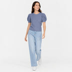 Women's Blue Textured Puff Sleeve Top | Elegant Casual Knit T-Shirt-1