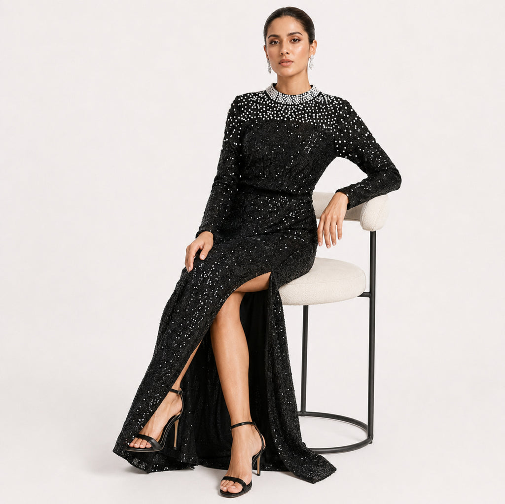 Women's Black Embellished High-Neck Sequin Maxi Dress | Elegant Evening Party Gown-2