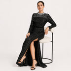 Women's Black Embellished High-Neck Sequin Maxi Dress | Elegant Evening Party Gown-2