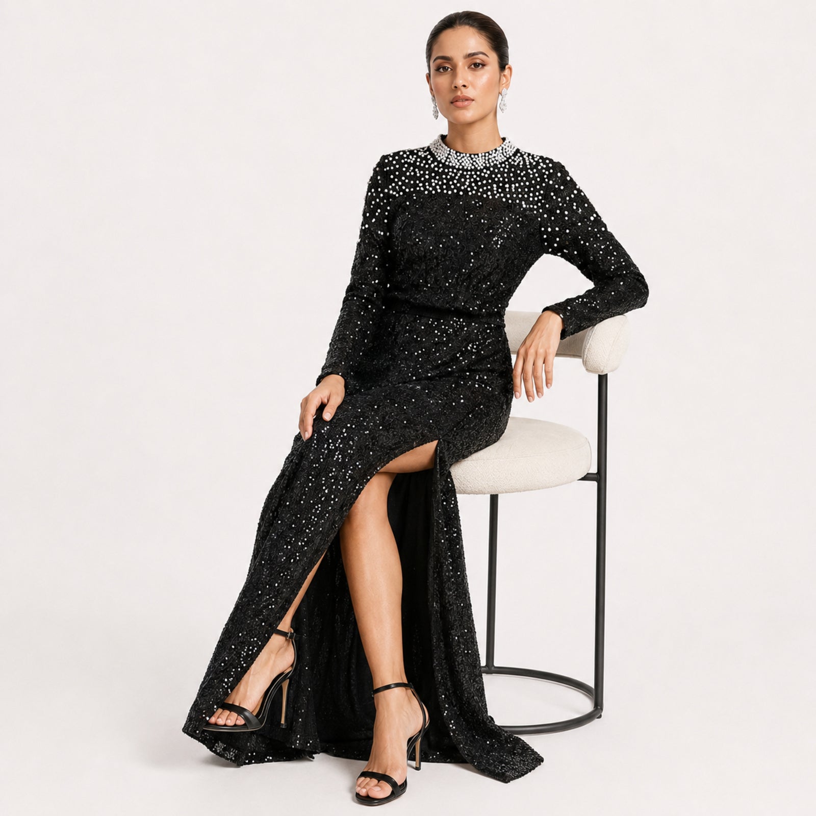 Women's Black Embellished High-Neck Sequin Maxi Dress | Elegant Evening Party Gown-2
