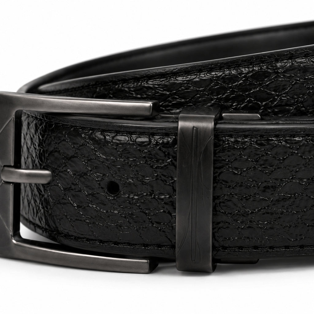 Men's Black Croc-Textured Leather Belt with Gunmetal Buckle-3