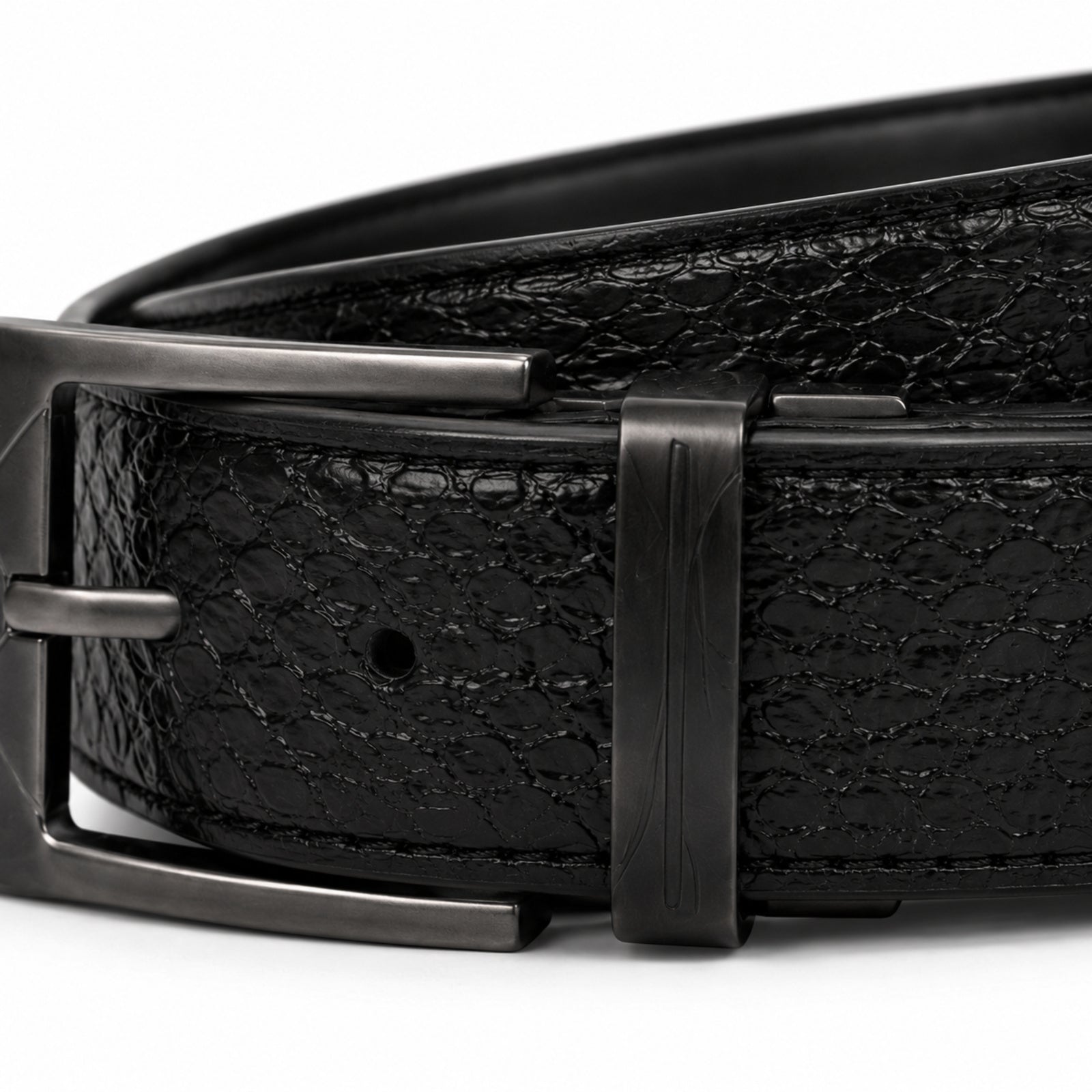 Men's Black Croc-Textured Leather Belt with Gunmetal Buckle-3