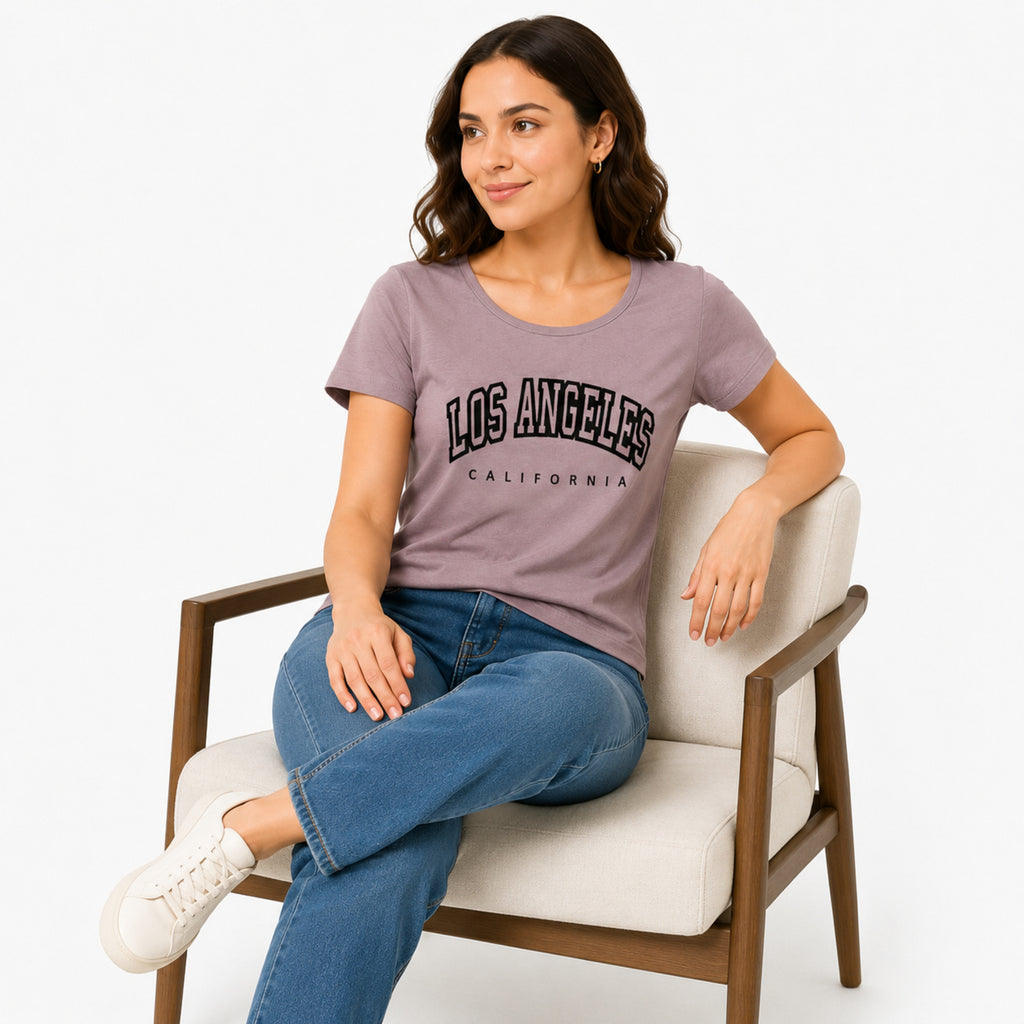 Women's Light Brown Los Angeles Typography Crew Neck T-Shirt | Regular Fit Half Sleeve Graphic Tee-3
