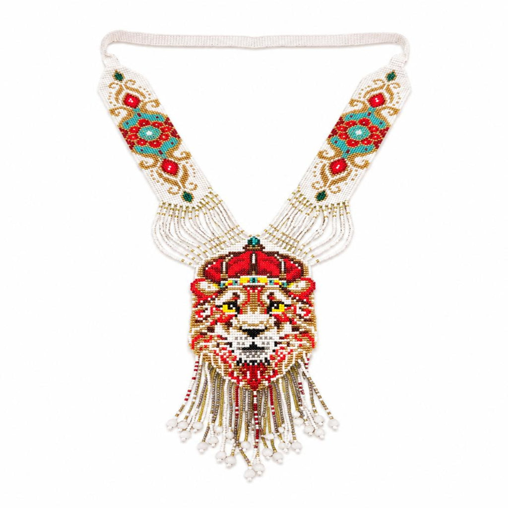 Women's Gilded Regal Lion Hand-Beaded Statement Necklace with Fringe Detailing-4