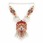 Women's Gilded Regal Lion Hand-Beaded Statement Necklace with Fringe Detailing-4