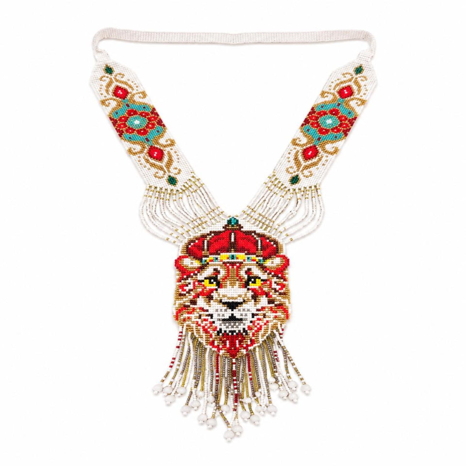Women's Gilded Regal Lion Hand-Beaded Statement Necklace with Fringe Detailing-4