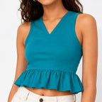 Women's Ocean Muse Teal Peplum V-Neck Sleeveless Top-2