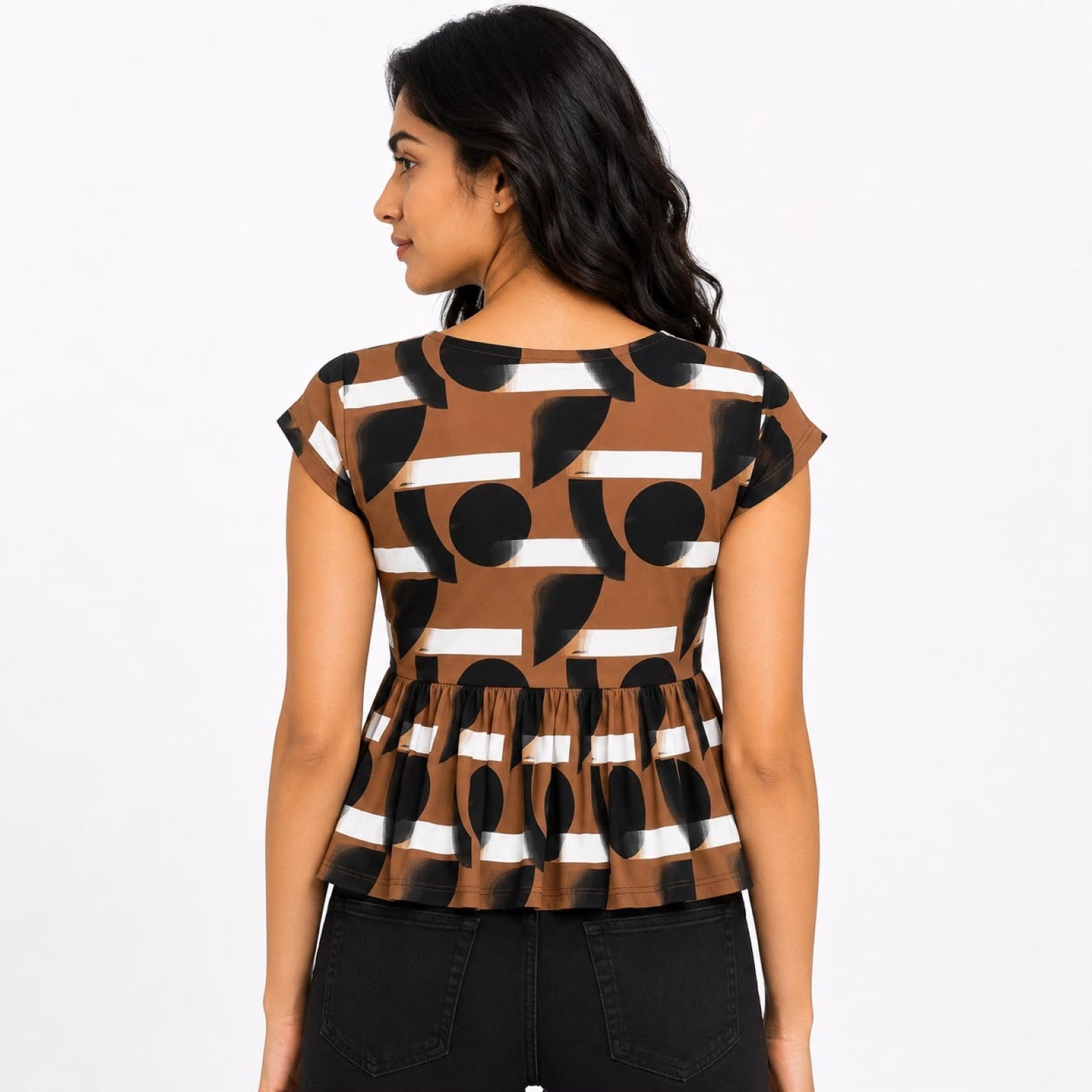 Women's Brown Geometric Printed Peplum Top-4