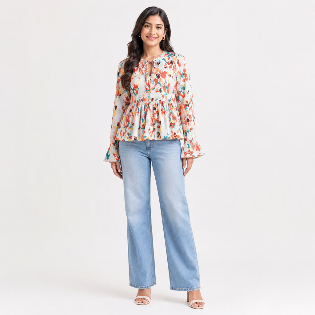 Women's Orange Floral Print Tie-Neck Peplum Top-2