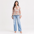 Women's Orange Floral Print Tie-Neck Peplum Top-2