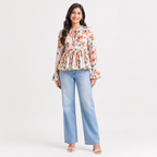 Women's Orange Floral Print Tie-Neck Peplum Top-2