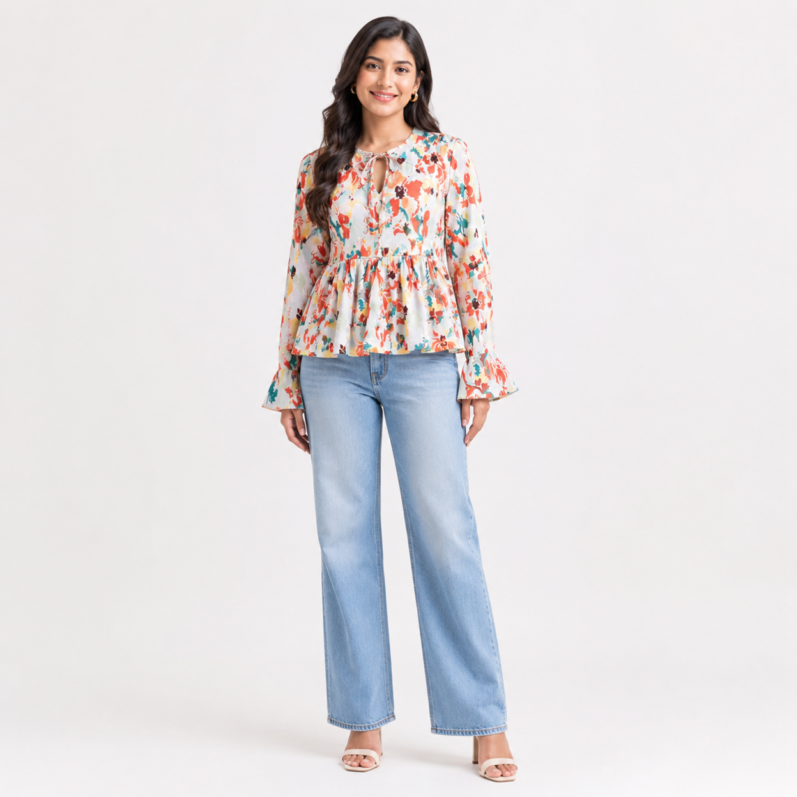 Women's Orange Floral Print Tie-Neck Peplum Top-2