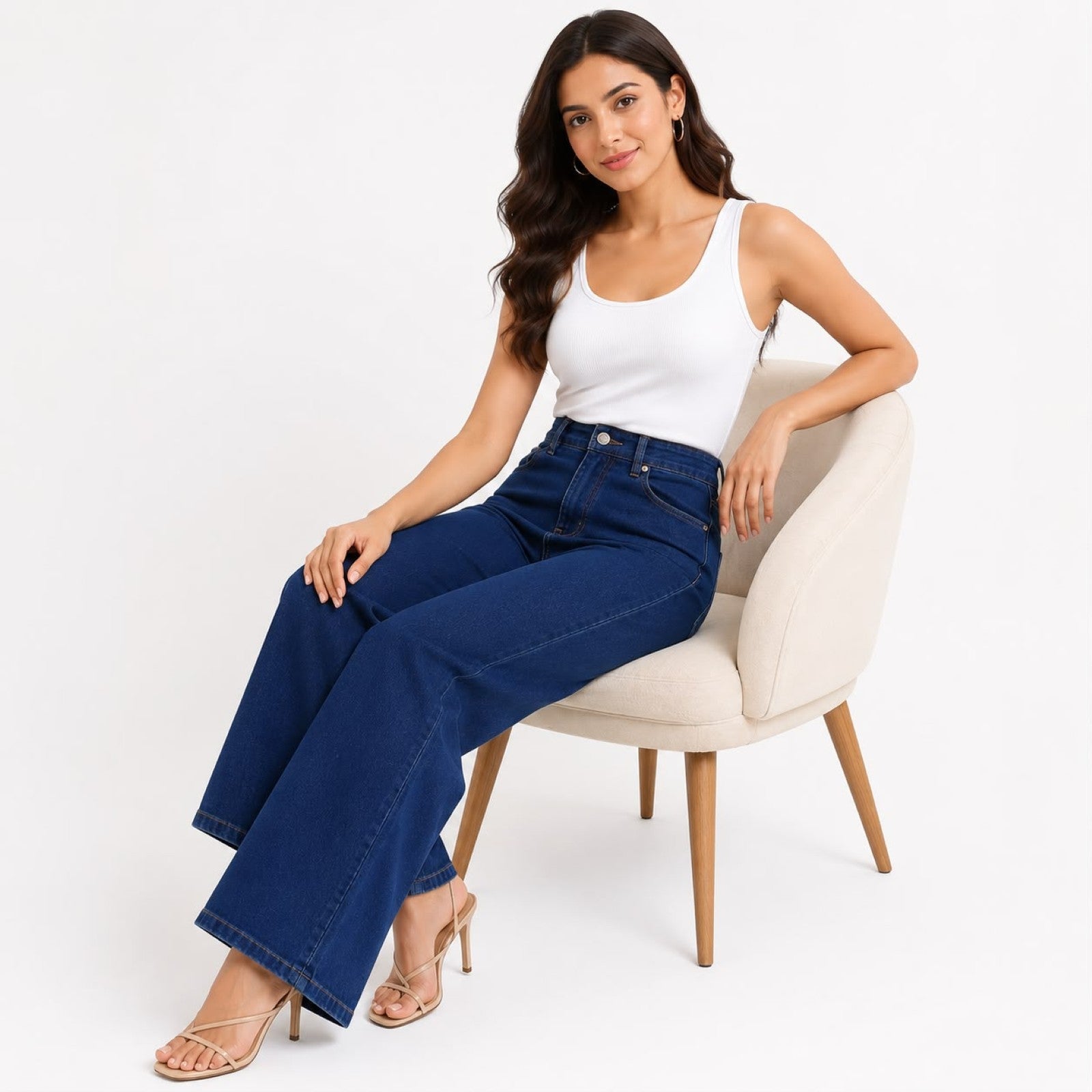 Women's High Rise Wide Leg Flared Jeans | Stylish Dark Blue Stretch Denim Palazzo Jeans for Women-2