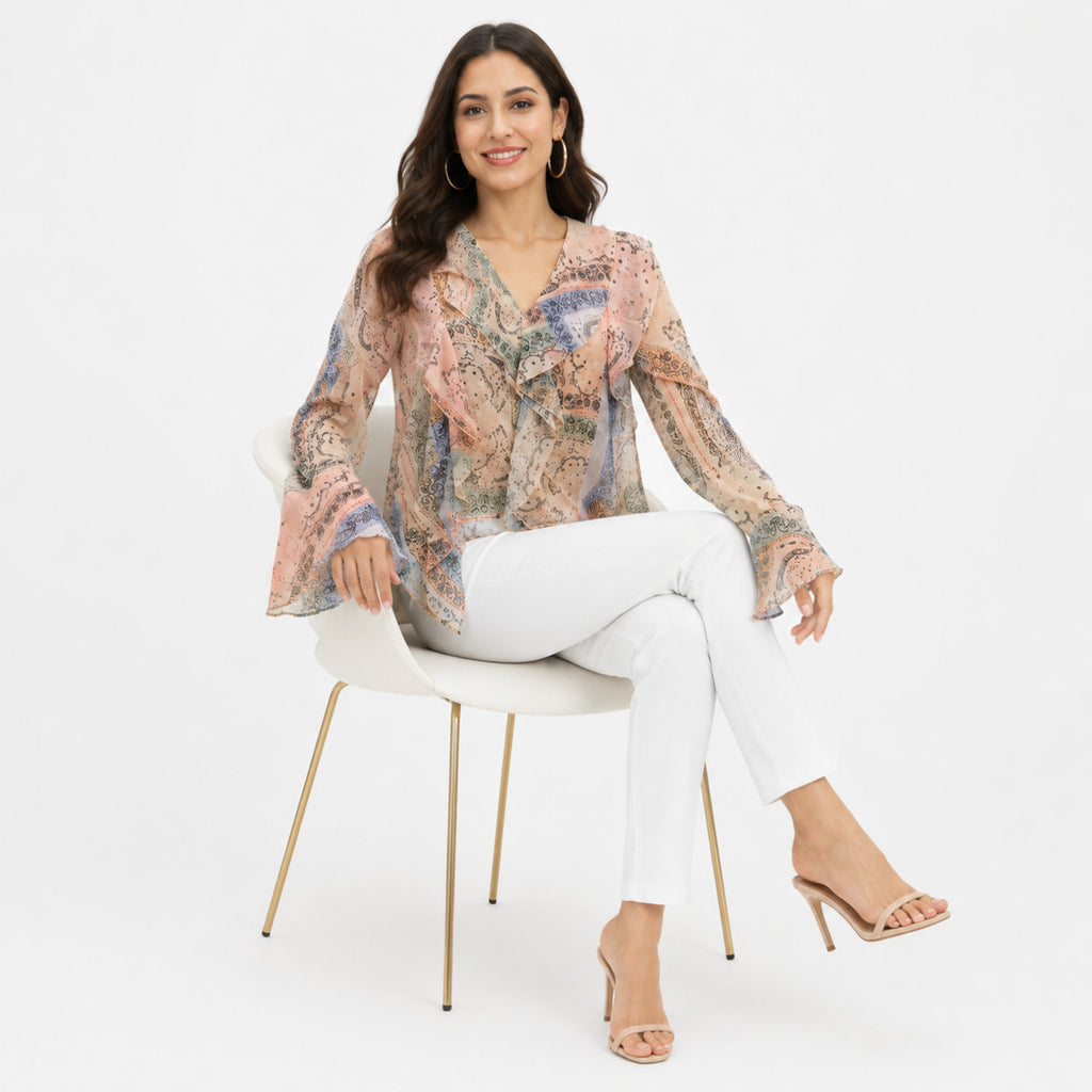 Women's Yellowish Paisley Print Ruffle Top | V-Neck Long Bell Sleeve Sheer Blouse-2