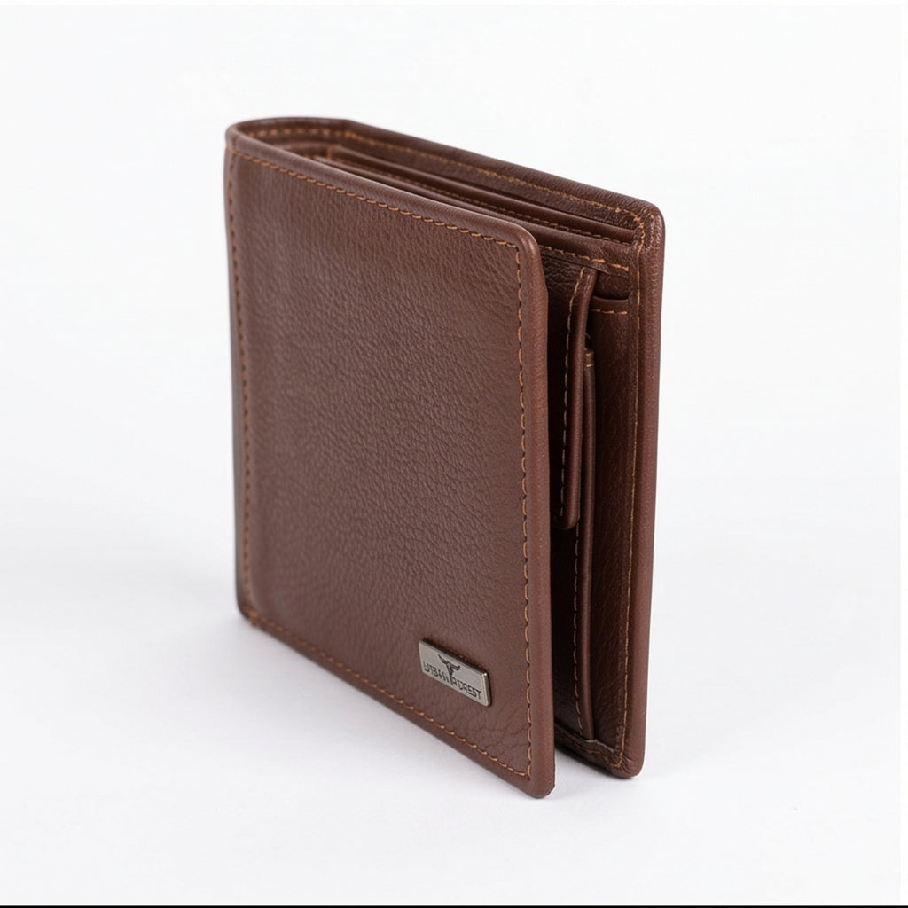 Unisex Luxury Grained Brown Leather Bifold Wallet with Metallic Logo Accent-1