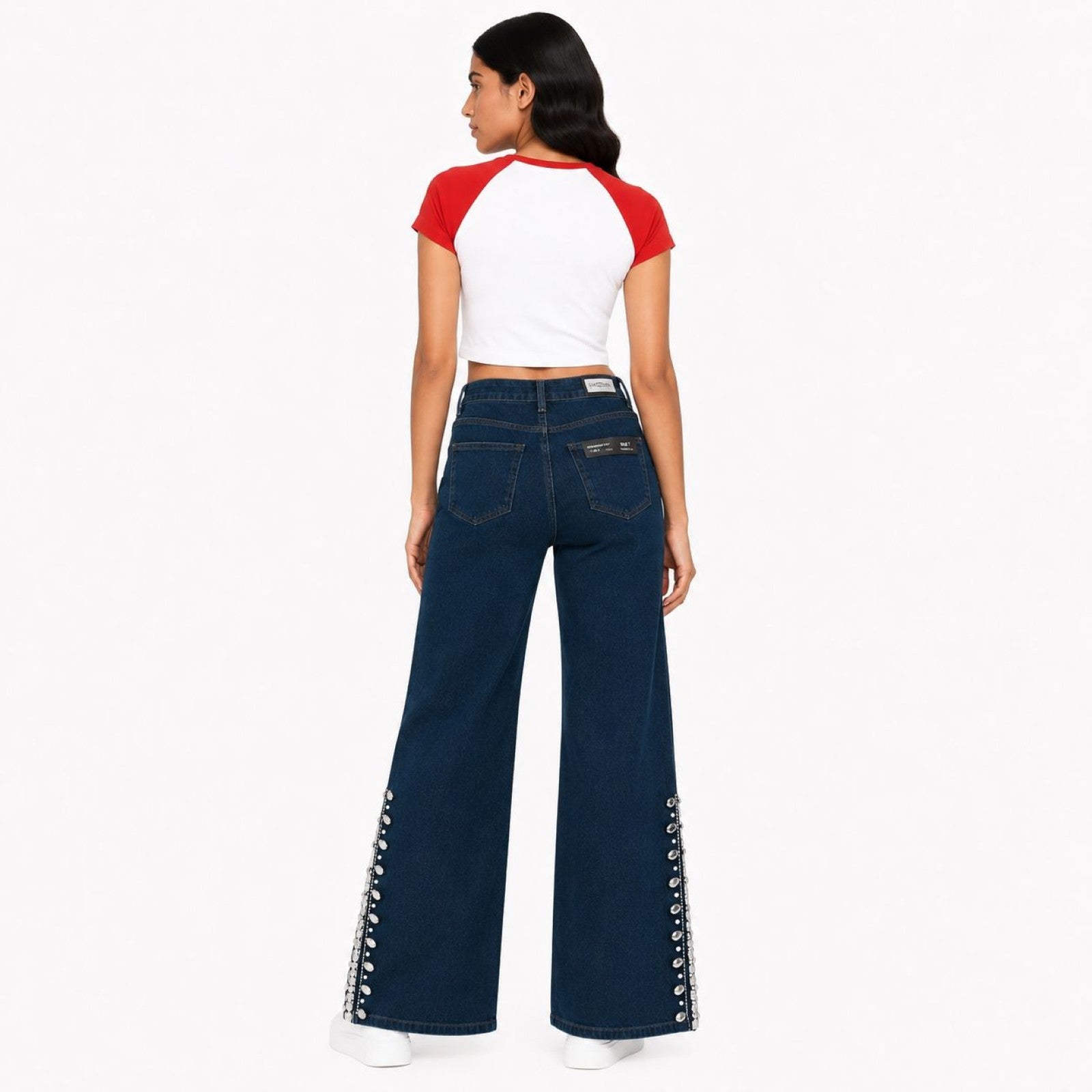Women's Navy Blue Wide Leg Jeans with Side Pearl Detail | High-Rise Statement Denim-4