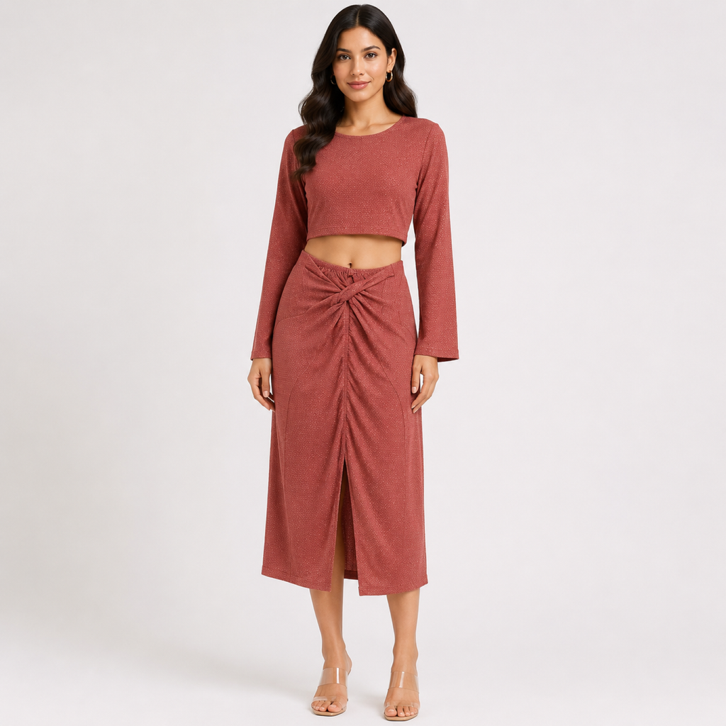 Women's Rust Solid Long Sleeve Crop Top & Twist Front Midi Skirt Co-Ord Set-2