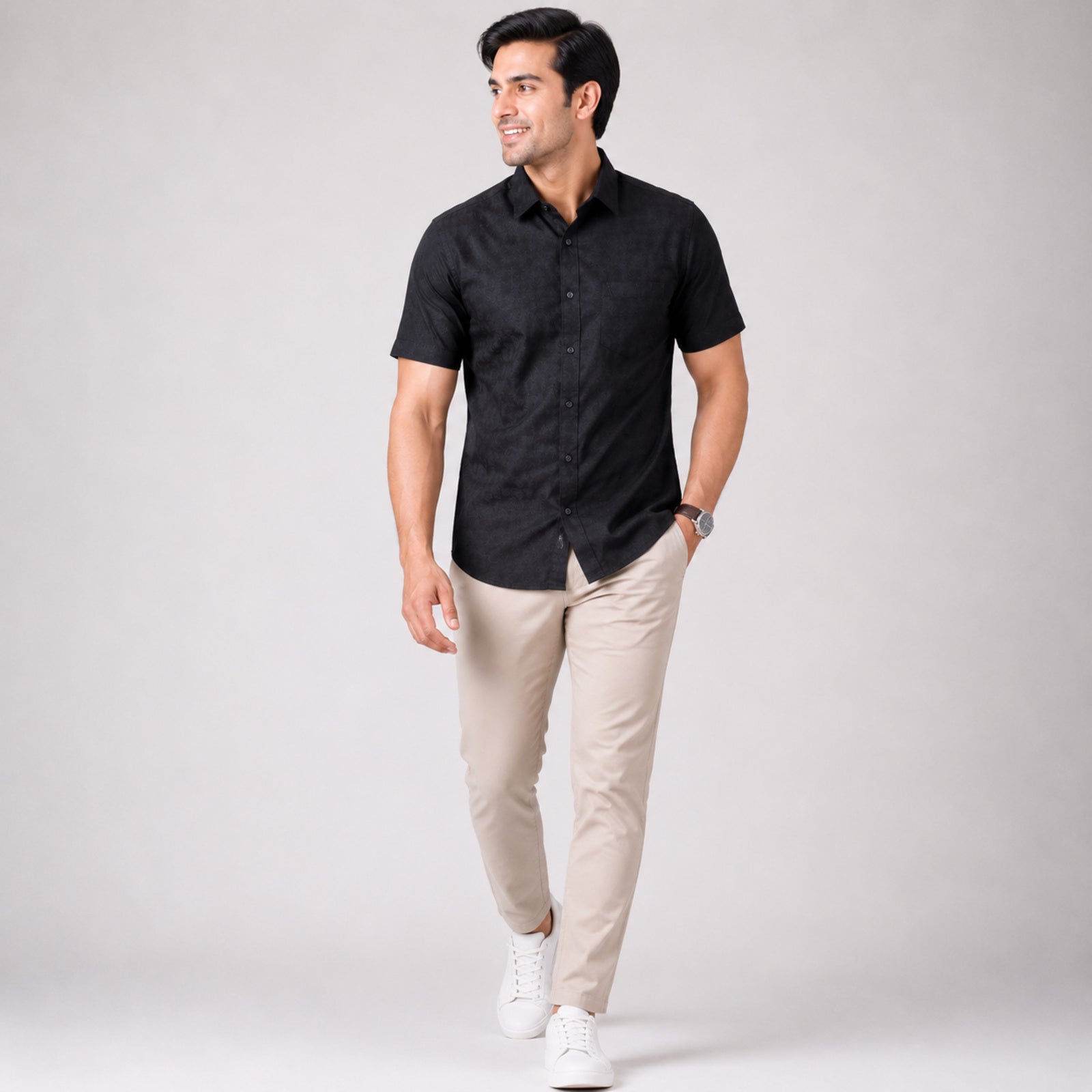 Men's Navy Blue Textured Half Sleeve Casual Shirt-2