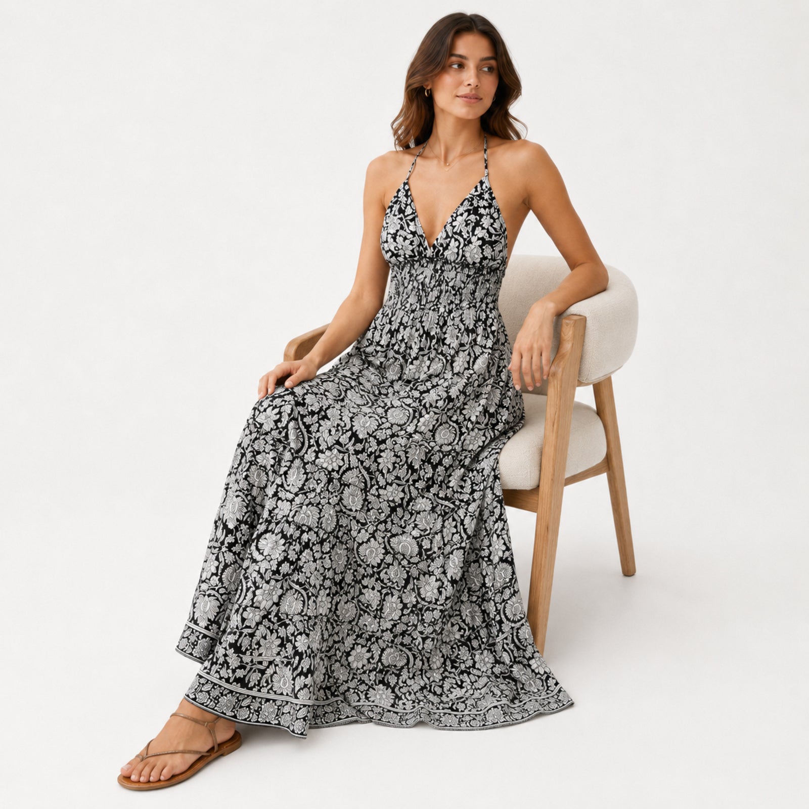 Women's Black Floral Paisley Halter Neck Smocked Maxi Dress | Flowy Resort Wear Dress-3