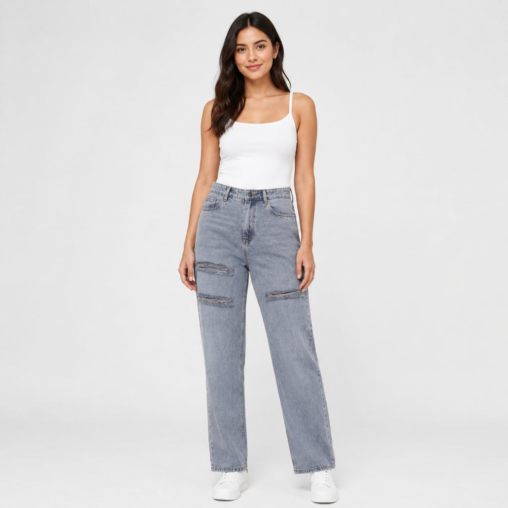 Women's Light Wash Distressed Straight Fit Jeans-1