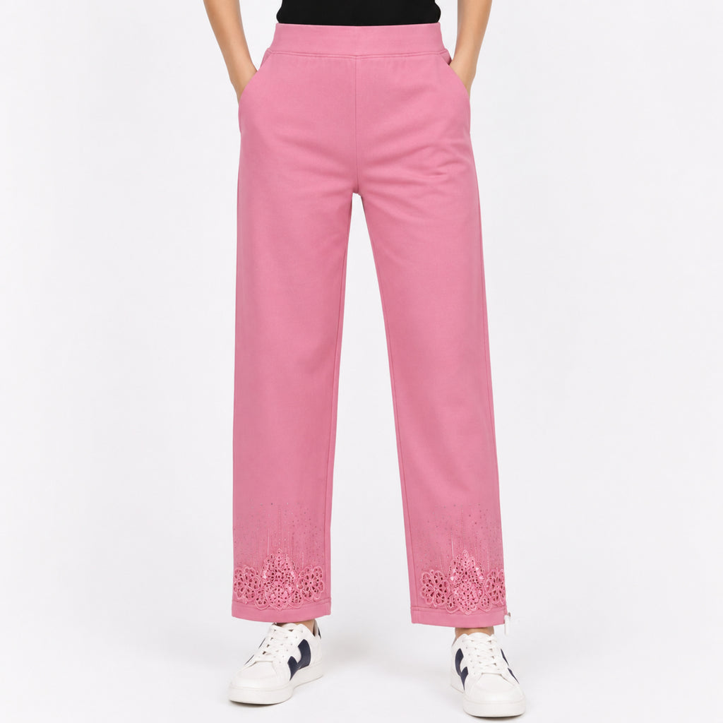 Women's Stylish Pink Embroidered Wide Leg Lounge Pants-1