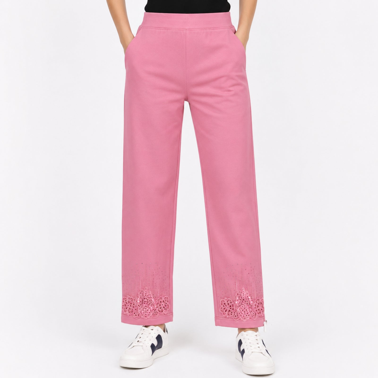 Women's Stylish Pink Embroidered Wide Leg Lounge Pants-1