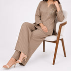 Women's Embroidered Striped Kurta Pant Co-Ord Set | Elegant V-Neck Ethnic Wear Set with Wide Leg Pants – Golden-3