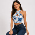 Women's Blue Floral Print Halter Neck Crop Top-1
