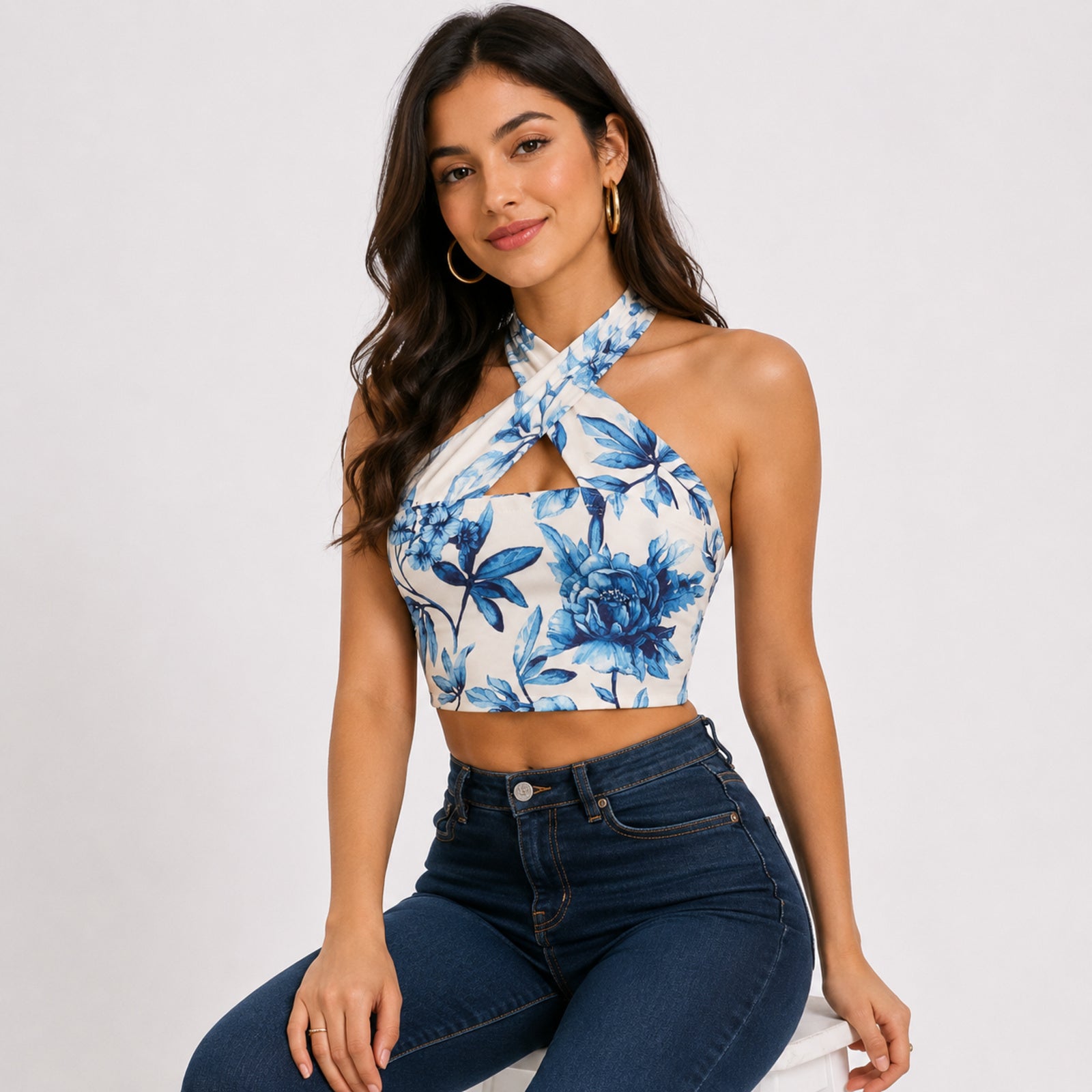 Women's Blue Floral Print Halter Neck Crop Top-1