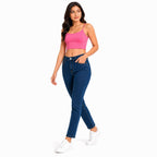 Women's Dark Blue High-Waist Slim Straight Denim Jeans with Classic Pockets-3