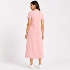 Women's Peach Polo Collar Midi Dress | Elegant Casual A-Line Cotton Blend Dress for Everyday Comfort-4