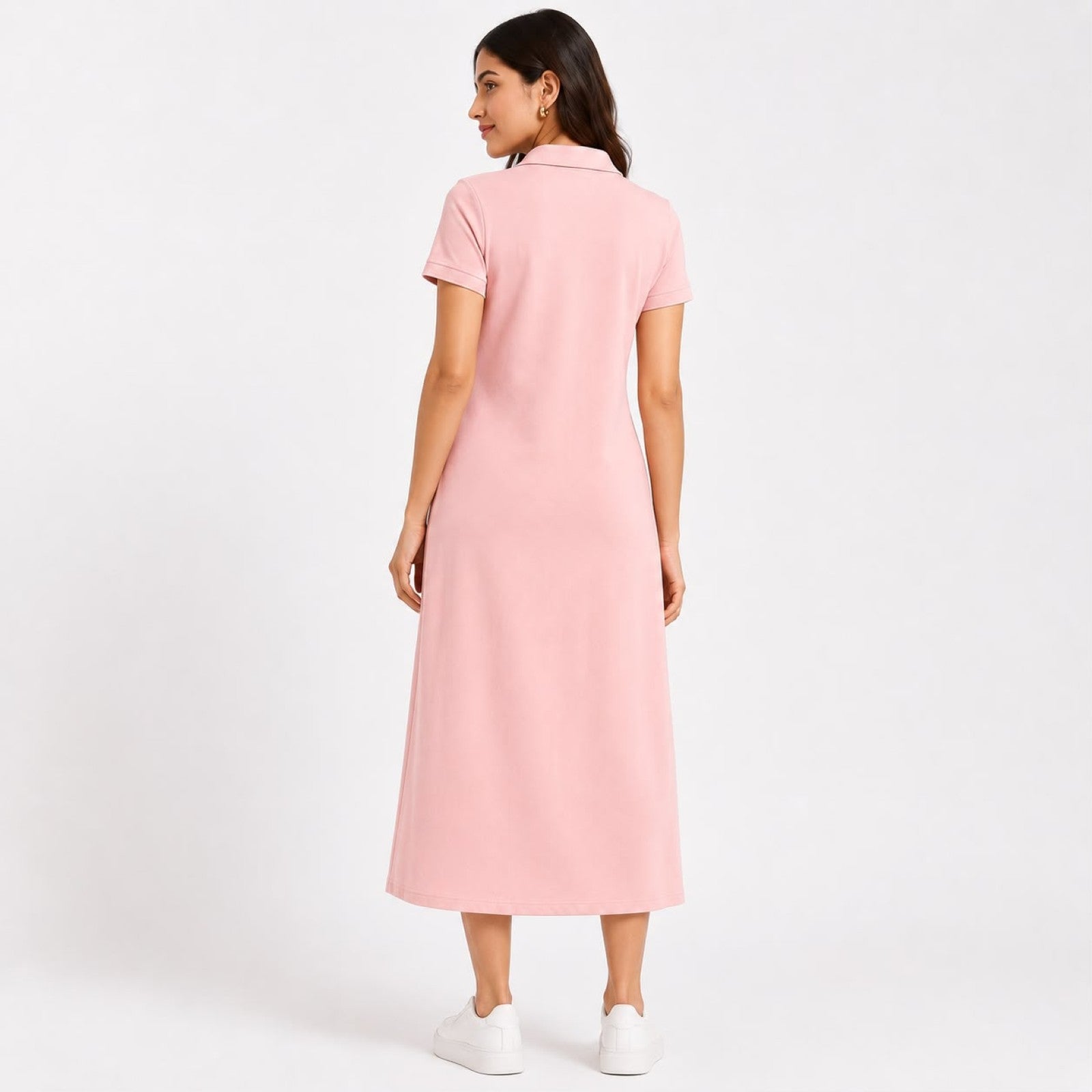 Women's Peach Polo Collar Midi Dress | Elegant Casual A-Line Cotton Blend Dress for Everyday Comfort-4