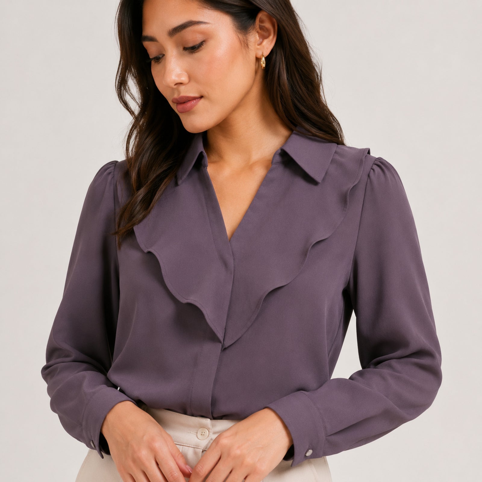 Women's Grey Ruffle Detail Long Sleeve Shirt-4