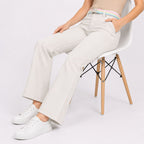 Women's Sleek Comfort-Fit Cream Bootcut Trousers with Rainbow Pastel Belt-3