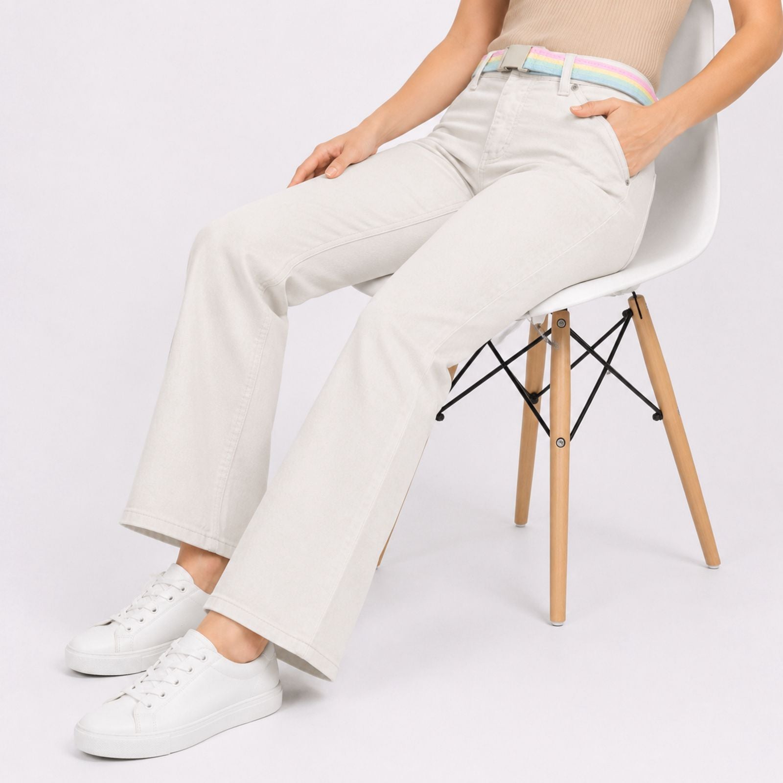 Women's Sleek Comfort-Fit Cream Bootcut Trousers with Rainbow Pastel Belt-3
