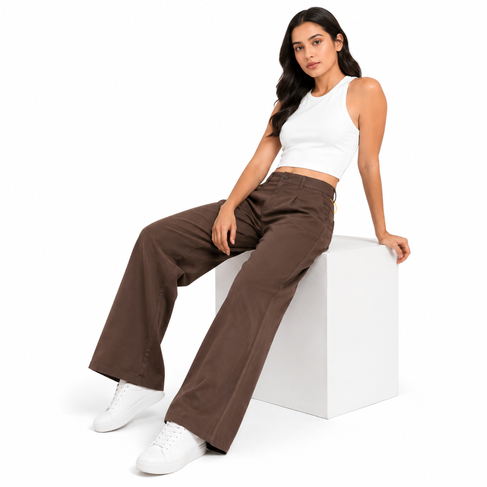 Women's Dark Brown High-Waist Pleated Wide Leg Trousers-2